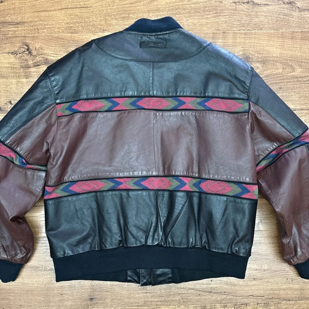 Vintage 80s Campus Leather Bomber Jacket Mens Large Southwest Aztec Native Retro